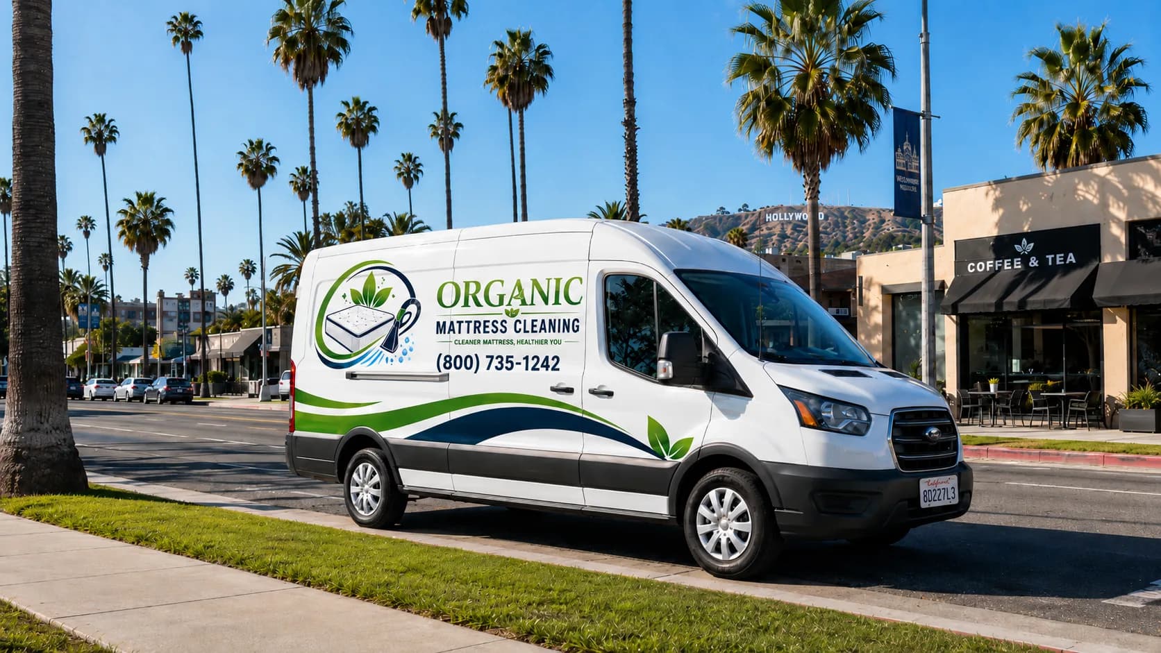 Organic Mattress Cleaning branded service van on a sunny Los Angeles street