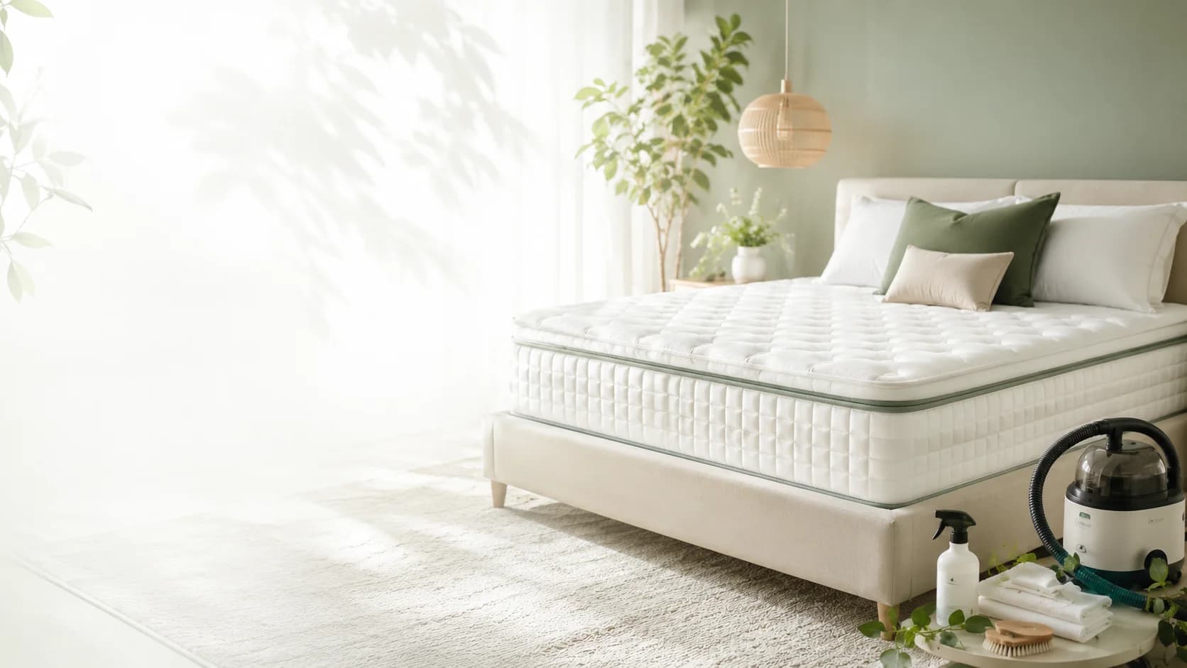 Organic mattress cleaning hero image with clean bed, eco-friendly bedroom, and non-toxic cleaning equipment